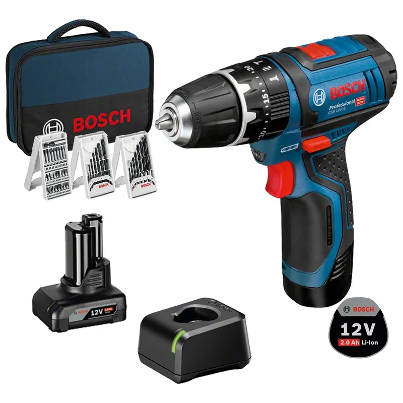 Bosch Akku-Schlagbohrschrauber GSB 12V-15 Professional 12 V / 1x 2,0 + 1x 4,0 Ah Akku + Ladegerät im Softbag inkl. Zubehör-Set 39tlg. - 06019B690G Top-Angebot