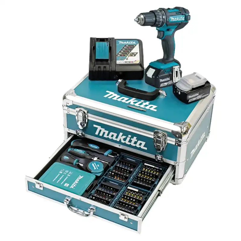 Sofort Bestellen Makita DHP482RFX9 Akku-Schlagbohrschrauber 18V /2x 3,0 Ah Akku + Ladegerät inkl. 96tlg. Zubehör-Set im Alukoffer