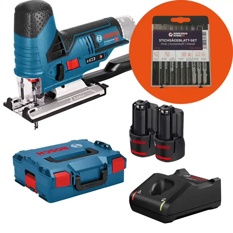 Garantierte Lieferung Bosch Akku-Stichsäge GST 12V-70 / 2x 2,0 Ah Akku + Ladegerät + WS24 Stichsägeblatt-Box 10tlg. Holz/Metall in L-Boxx