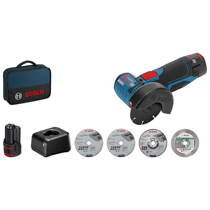 Direktkauf Bosch Akku-Winkelschleifer GWS 12V-76 Ø 76 mm / 2x 2,0 Ah + Ladegerät im Softbag - 06019F200C