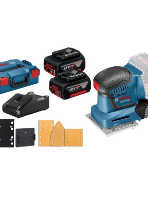 Bestpreis Bosch Akku-Schwingschleifer GSS 18V-10 / 2x 4,0 Ah Akku + Ladegerät inkl. Zubehör-Set in L-Boxx
