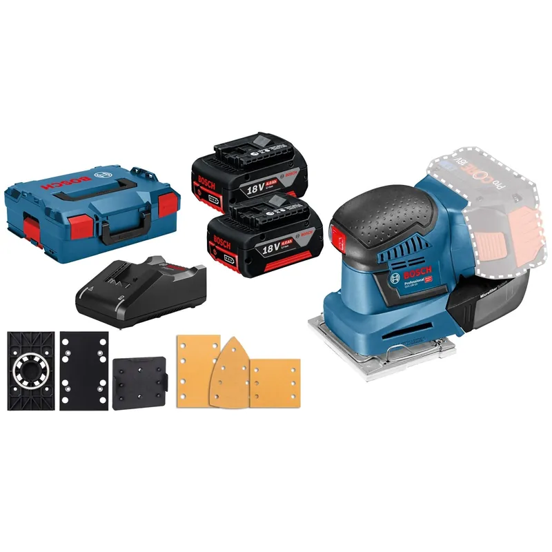 Bestpreis Bosch Akku-Schwingschleifer GSS 18V-10 / 2x 4,0 Ah Akku + Ladegerät inkl. Zubehör-Set in L-Boxx