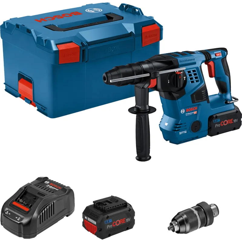 Echt Bosch Akku-Bohrhammer GBH 18V-28 CF mit SDS plus / 2x 8,0 Ah ProCORE18V Akku + Ladegerät in L-Boxx - 0611921002