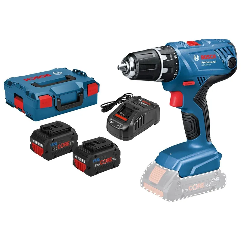 Bosch Akku-Bohrschrauber GSR 18V-21 / 2x 5,5 Ah ProCORE18V Akku + Ladegerät in L-Boxx Top-Preis