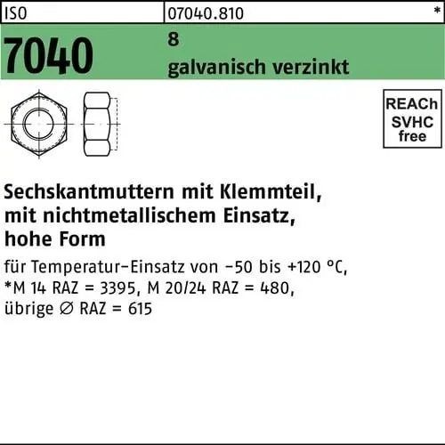 Sechskantmutter ISO 7040 Klemmteil M8 8 galv.verz. 100 Stück Online Kaufen