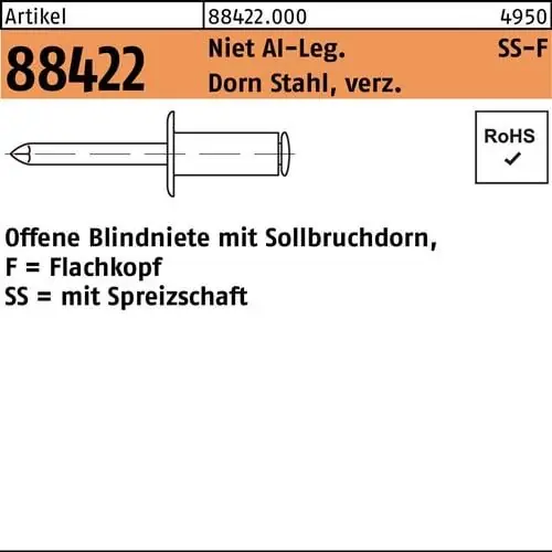 Geprüft Blindniete R 88422 FLAKO 3,2x 10 Niet AIu/Dorn Stahl verz. 500 Stück