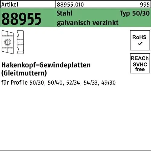 Echt Hakenkopfgewindeplatte R 88955 Typ 50/30 M12 Stahl galv.verz. 50 Stück