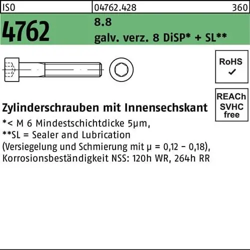 Super-Preis Zylinderschraube ISO 4762 Innen-6kt M14x30 8.8 galv.verz. 8 DiSP+SL 100St.