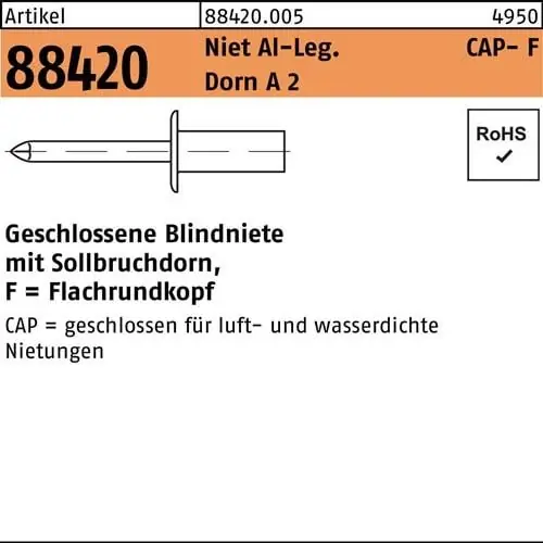 Gratis Versand Blindniete R 88420 Flachrundkopf 4x 11 Niet Aluminium/Dorn A 2 500 Stück GESIPA