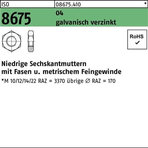 Sechskantmutter ISO 8675 Fasen M14x1,5 Automatenstahl galv.verz. 100St. Gratis Versand