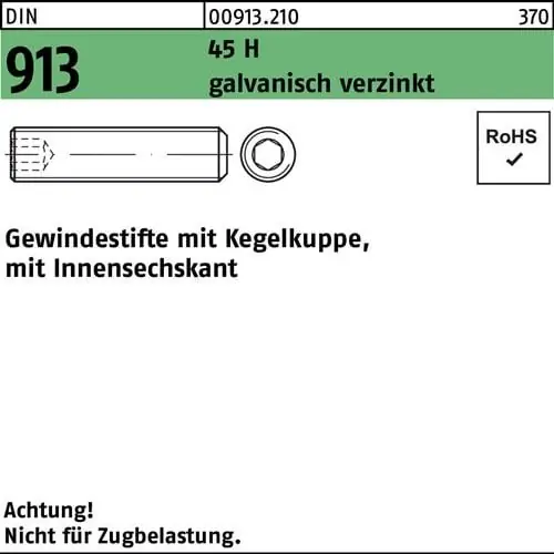 Gewindestift DIN 913 Kegelkuppe/Innen-6kt M5x10 45 H galv.verz. 1000St. Top-Preis