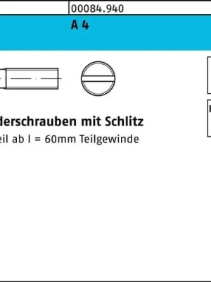 Abverkauf Zylinderschraube DIN 84/ISO 1207 Schlitz M8x 10 A 4 100 Stück