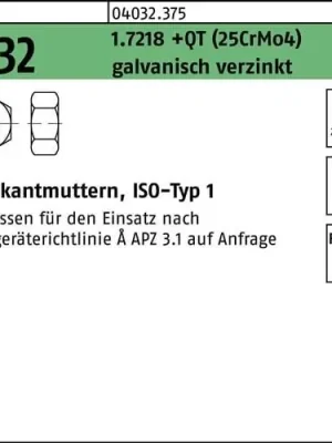 Rabatt Sechskantmutter ISO 4032 M36 1.7218 +QT (25CrMo4) galv.verz. 10 Stück