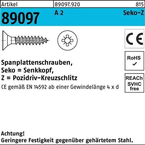 Spanplattenschraube R 89097 SEKO PZ VG 3,5x 30-Z A 2 1000 Stück Kostenfreie Lieferung