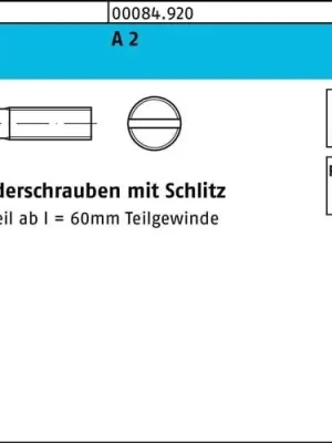 Abverkauf Zylinderschraube DIN 84/ISO 1207 Schlitz M2,5x 4 A 2 1000 Stück