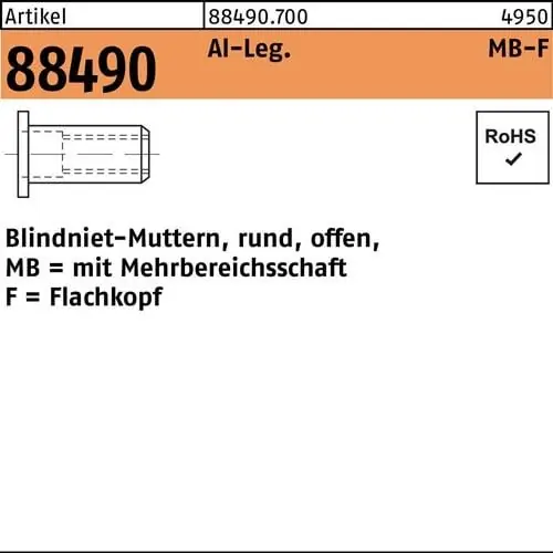 Blindnietmutter R 88490 FLAKO M8/0,5 - 7,5 Aluminium 500 Stück Nur Für Kurze Zeit