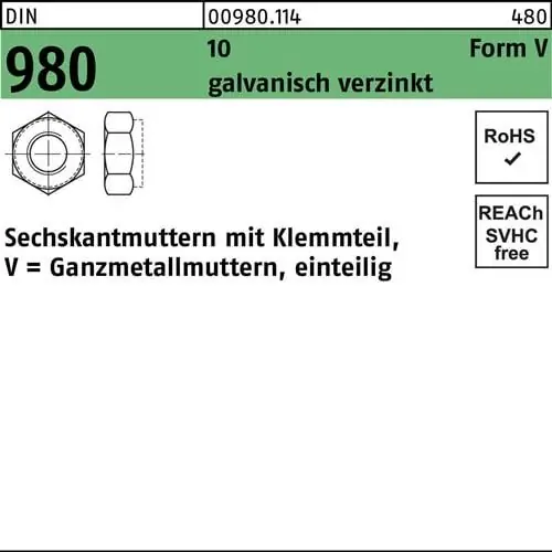 Sechskantmutter DIN 980 Klemmteil VM 8 10 galv.verz. 100 Stück Online Kaufen