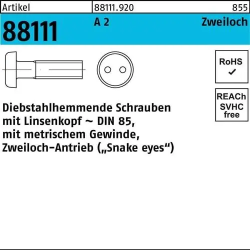 Schraube R 88111 diebstahlhemmend Liko/Zweiloch M4x 16 A 2 100 Stück Begrenztes Angebot