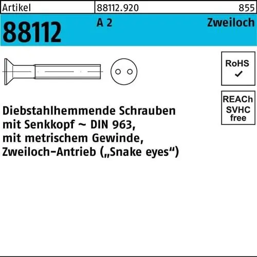 Mega-Angebot Schraube R 88112 diebstahlhemmend Seko/Zweiloch M5x 25 A 2 100 Stück