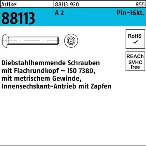 Schraube R 88113 diebstahlh. Innen-6kt Zapfen M5x 40 A 2 100 Stück Neue Kollektion