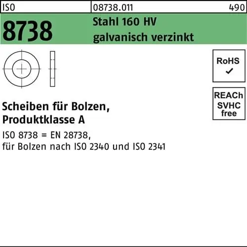 Unterlegscheibe ISO 8738 f.Bolzen 33 Stahl 160 HV galv.verz. 100 Stück Sofort Bestellen