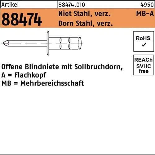 Wochenendangebot Blindniete R 88474 FLAKO 4x10 Niet Stahl verz./Dorn Stahl verz. 500St. GESIPA