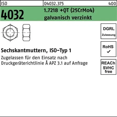 Sechskantmutter ISO 4032 M30 1.7218 +QT (25CrMo4) galv.verz. 25 Stück Beliebt