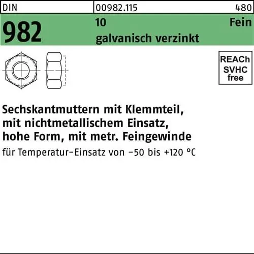 Neuheit Sechskantmutter DIN 982 Klemmteil M10x 1 10 galv.verz. 100 Stück