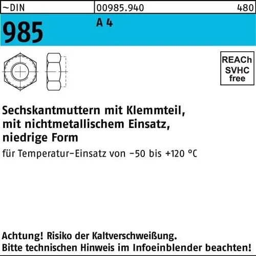 Sechskantmutter DIN 985 Klemmteil M14 A 4 250 Stück Kostenfreie Lieferung