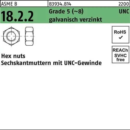 Bestseller Sechskantmutter R 83934 UNC-Gewinde 1/2 Grade 5 (~8) galv.verz. 100St.