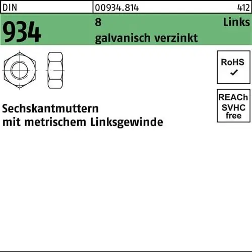 Neue Kollektion Sechskantmutter DIN 934 links M16 -LH 8 galv.verz. 50 Stück