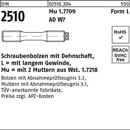 Heißes Angebot Schraubenbolzen DIN 2510 Dehnschaft/2Muttern LM 20x 85 Mu 1.7709 1 Stück