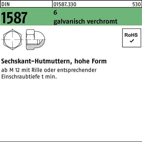 Sechskanthutmutter DIN 1587 M6 6 galv. verchromt 100 Stück Günstig