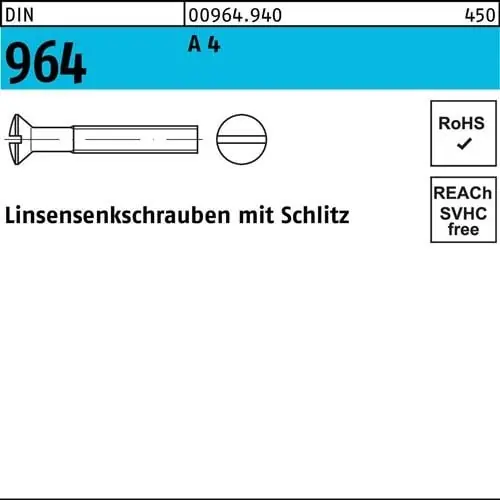 Linsensenkschraube DIN 964 Schlitz M6x 25 A 4 200 Stück Neuheit