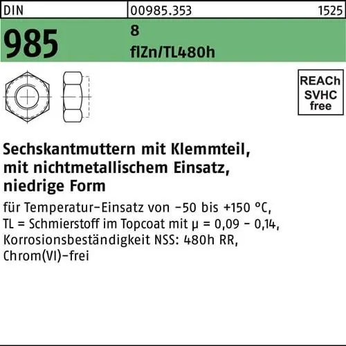 Super-Preis Sechskantmutter DIN 985 Klemmteil M16 8 zinklamellenbes. flZnnc 480h-L 50St.
