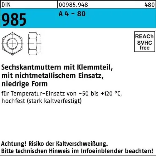 Gratis Versand Sechskantmutter DIN 985 Klemmteil M5 A 4 - 80 1000 Stück