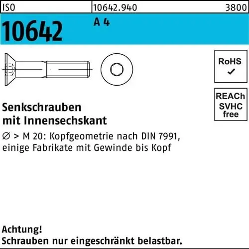 Zertifiziert Senkschraube ISO 10642 Innen-6kt M10x 20 A 4 100 Stück