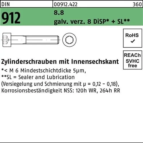 Top-Preis Zylinderschraube DIN 912 Innen-6kt M12x 75 8.8 gal Zn 8 DiSP + SL 50St.