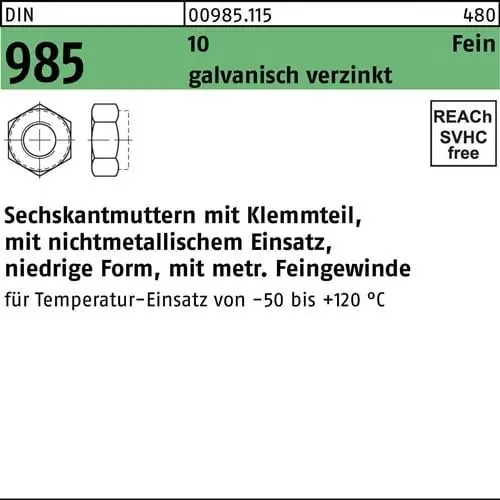 Sechskantmutter DIN 985 Klemmteil M20x 1,5 10 galv.verz. 50 Stück Versand Am Gleichen Tag