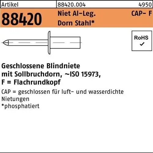Sofort Bestellen Blindniete R 88420 Flachrundkopf 4,8x 8 Niet Aluminium/Dorn Stahl 500St. GESIPA