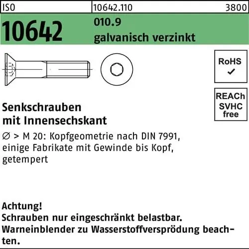 Senkschraube ISO 10642 Innen-6kt M20x 100 010.9 galv.verz. 25St. Letzte Chance