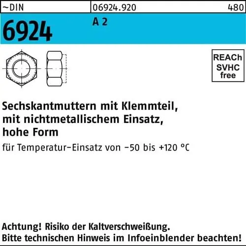Abverkauf Sechskantmutter DIN 6924 Klemmteil M6 A 2 1000 Stück