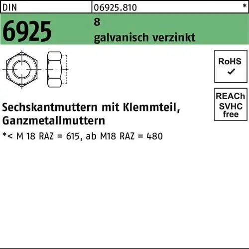 Sechskantmutter DIN 6925 Klemmteil M5 8 galv.verz. 100 Stück Highlight