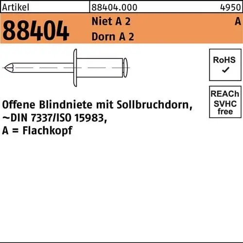 Blindniete R 88404 FLAKO 3x 8 Niet A 2/Dorn A 2 500 Stück Zertifiziert