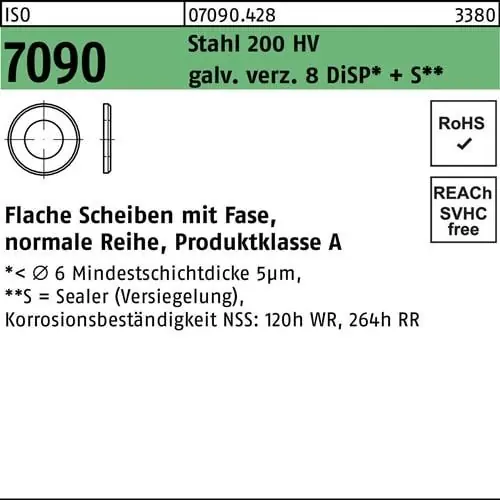 Unterlegscheibe ISO 7090 m.Fase 20 Stahl 200 HV galv.verz.+S 200 Stück Preisknaller