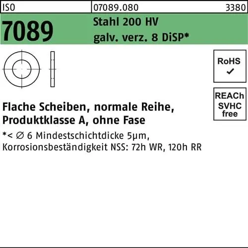 Unterlegscheibe ISO 7089 o.Fase 24 Stahl 200 HV galv.verz. 8 DiSP 200St. Preiswert