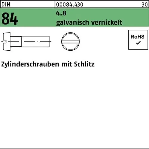 Günstig Zylinderschraube DIN 84/ISO 1207 Schlitz M5x10 4.8 galv. vernickelt 2000St.