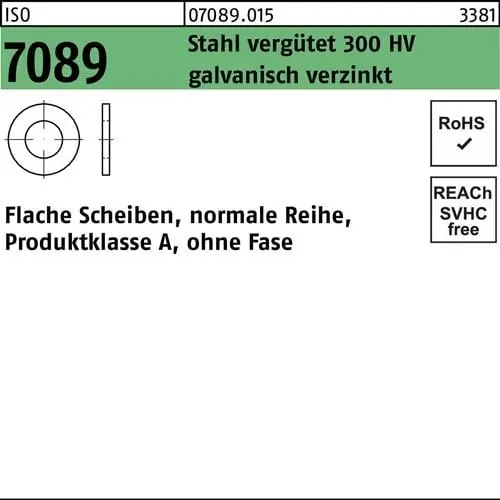 Geprüft Unterlegscheibe ISO 7089 o.Fase 8 Stahl verg. 300 HV galv.verz. 200St.
