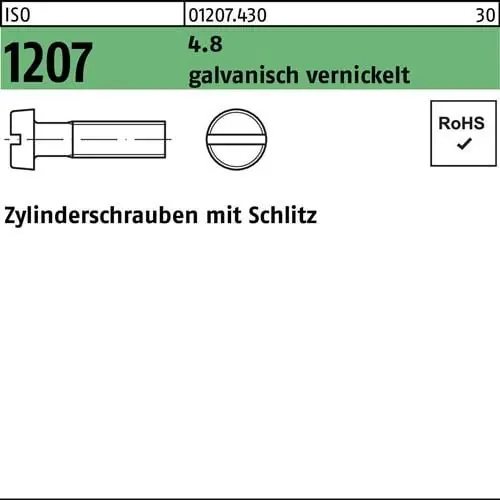 Abverkauf Zylinderschraube ISO 1207 Schlitz M4x 16 4.8 galv. vernickelt 2000Stück