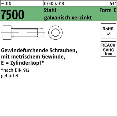 Neu Gewindefurchendeschraube DIN 7500 ZYLKO Innen-6kt E M4x40 Sta galv.verz. 500St.